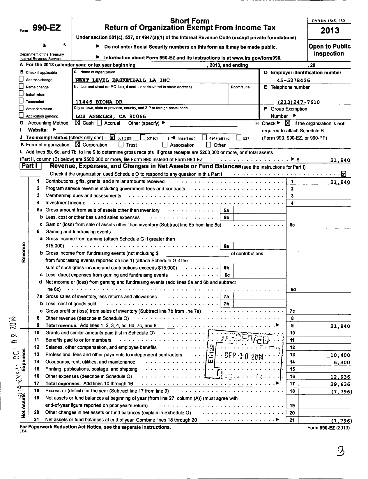 Image of first page of 2013 Form 990EZ for Next Level Basketball La