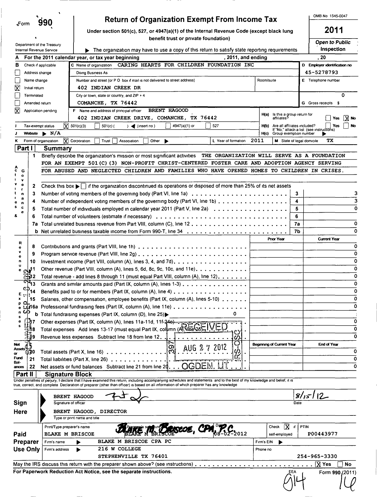 Image of first page of 2011 Form 990 for Caring Hearts for Children Foundation