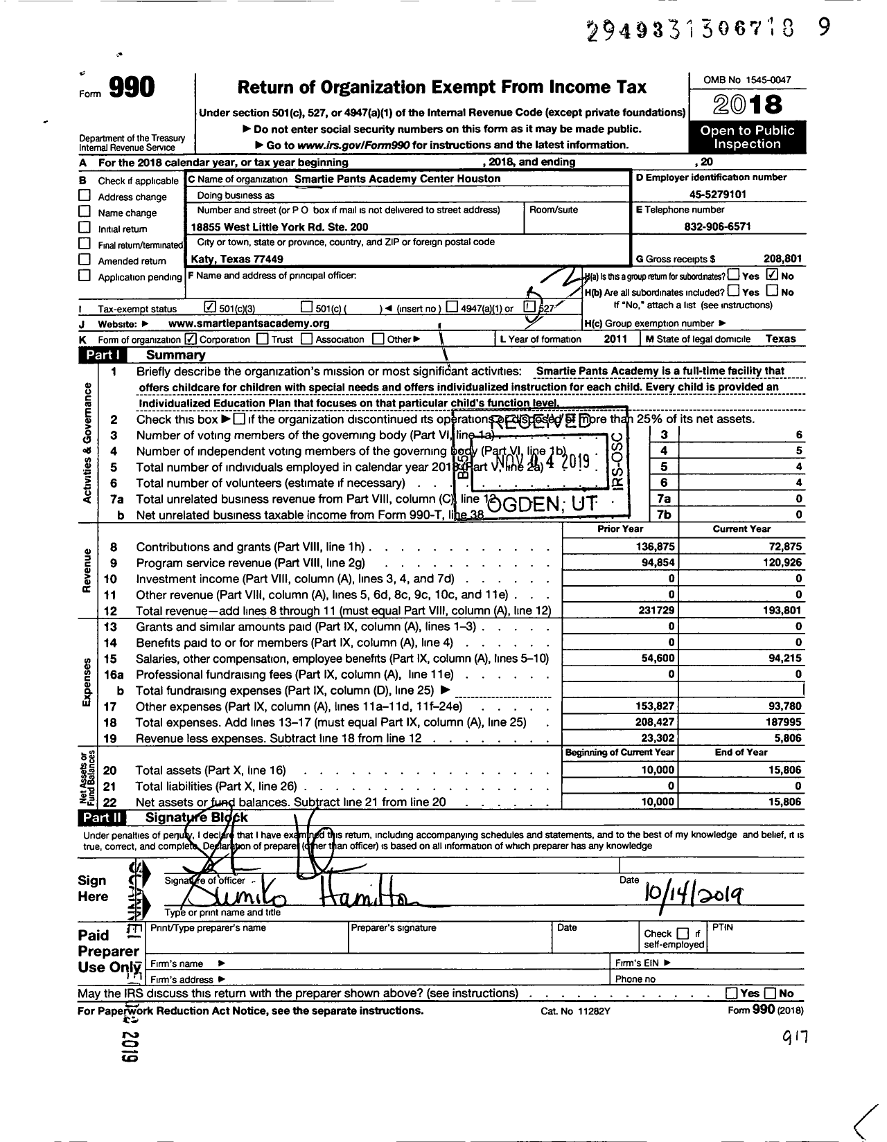 Image of first page of 2018 Form 990 for Smartie Pants Academy Center Houston