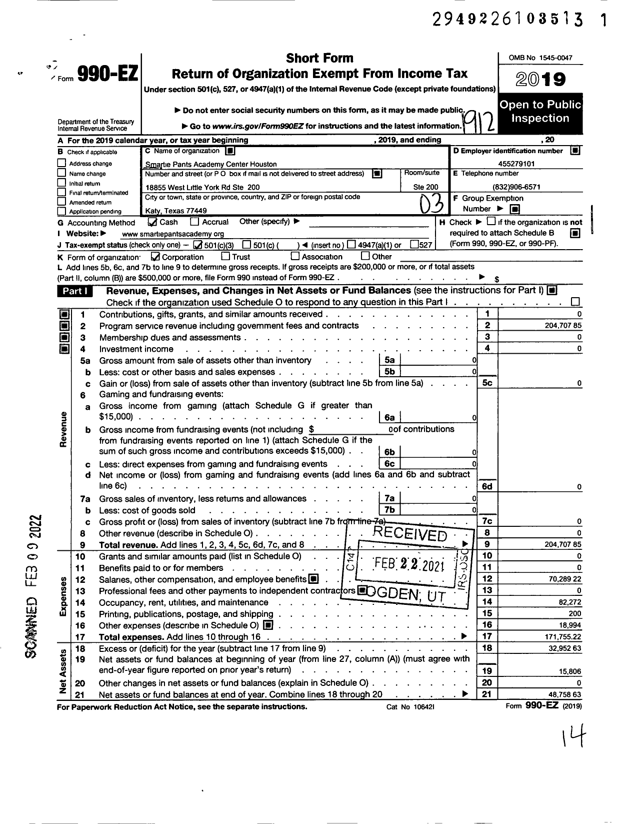 Image of first page of 2019 Form 990EZ for Smartie Pants Academy Center Houston