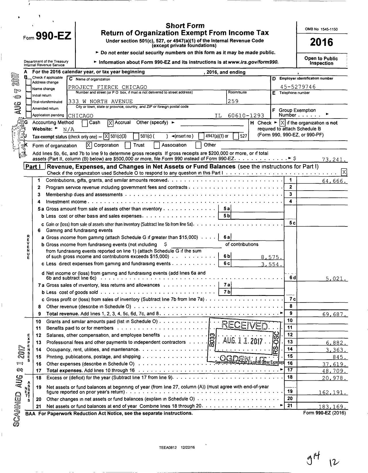 Image of first page of 2016 Form 990EZ for Project Fierce Chicago