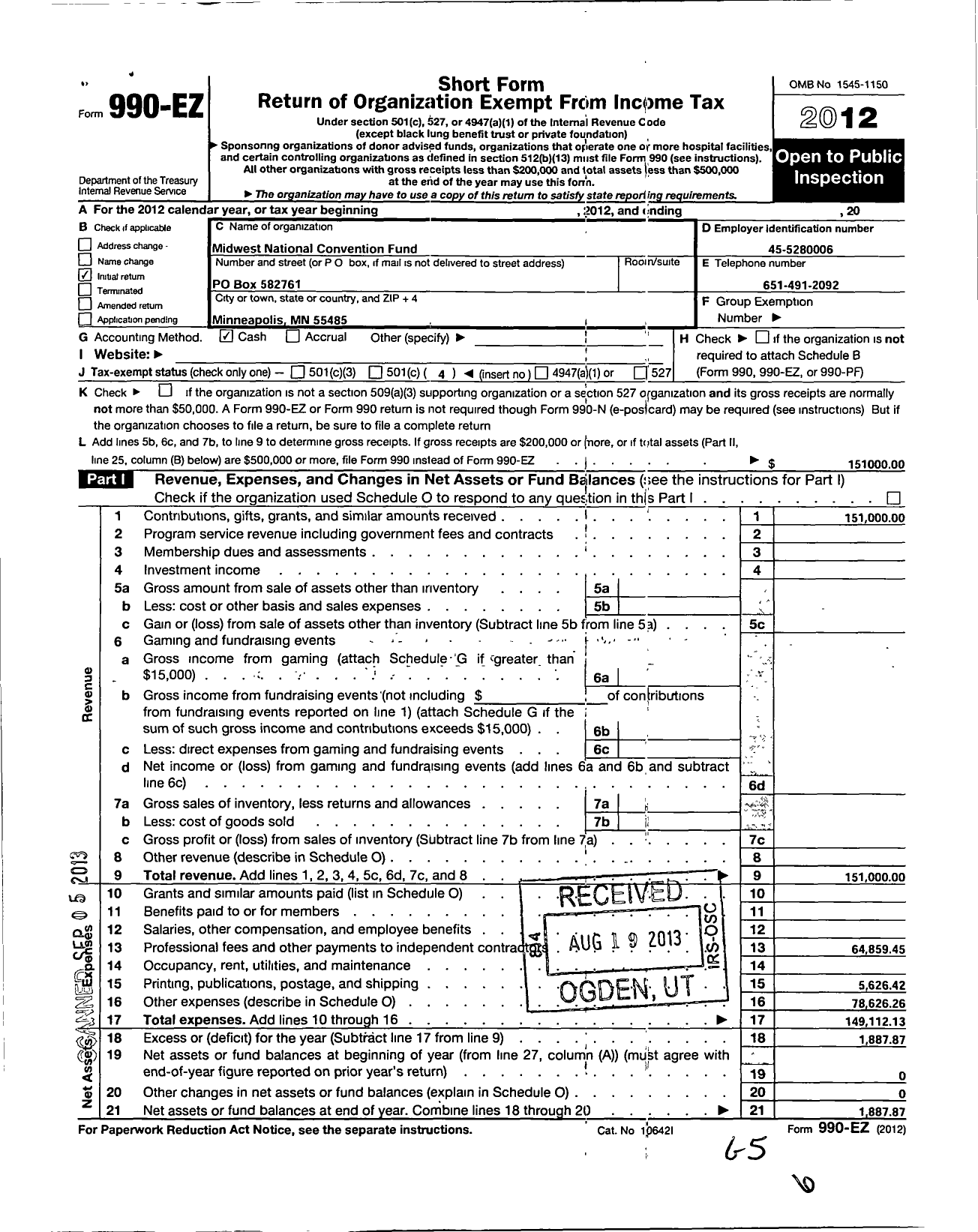 Image of first page of 2012 Form 990EO for Midwest National Convention Fund