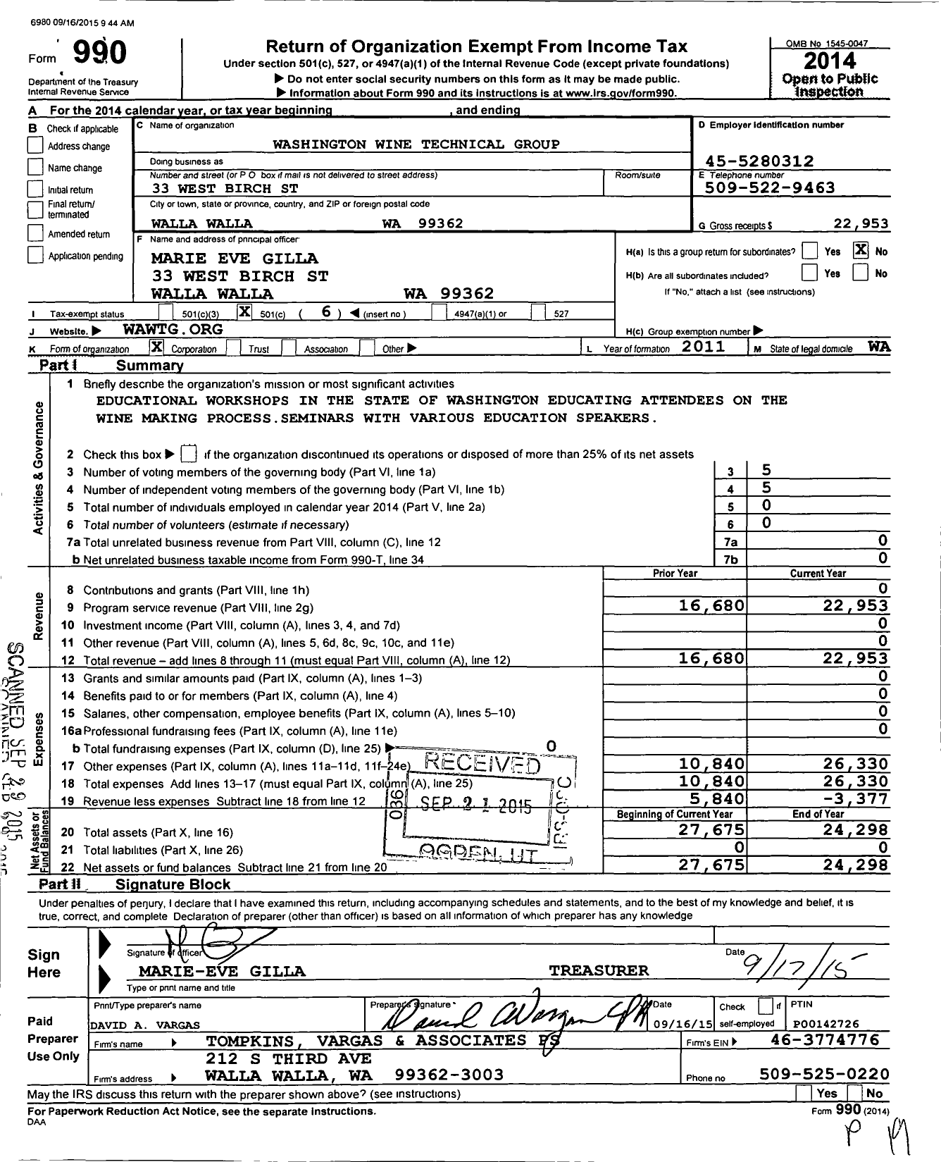 Image of first page of 2014 Form 990O for Washington Wine Technical Group