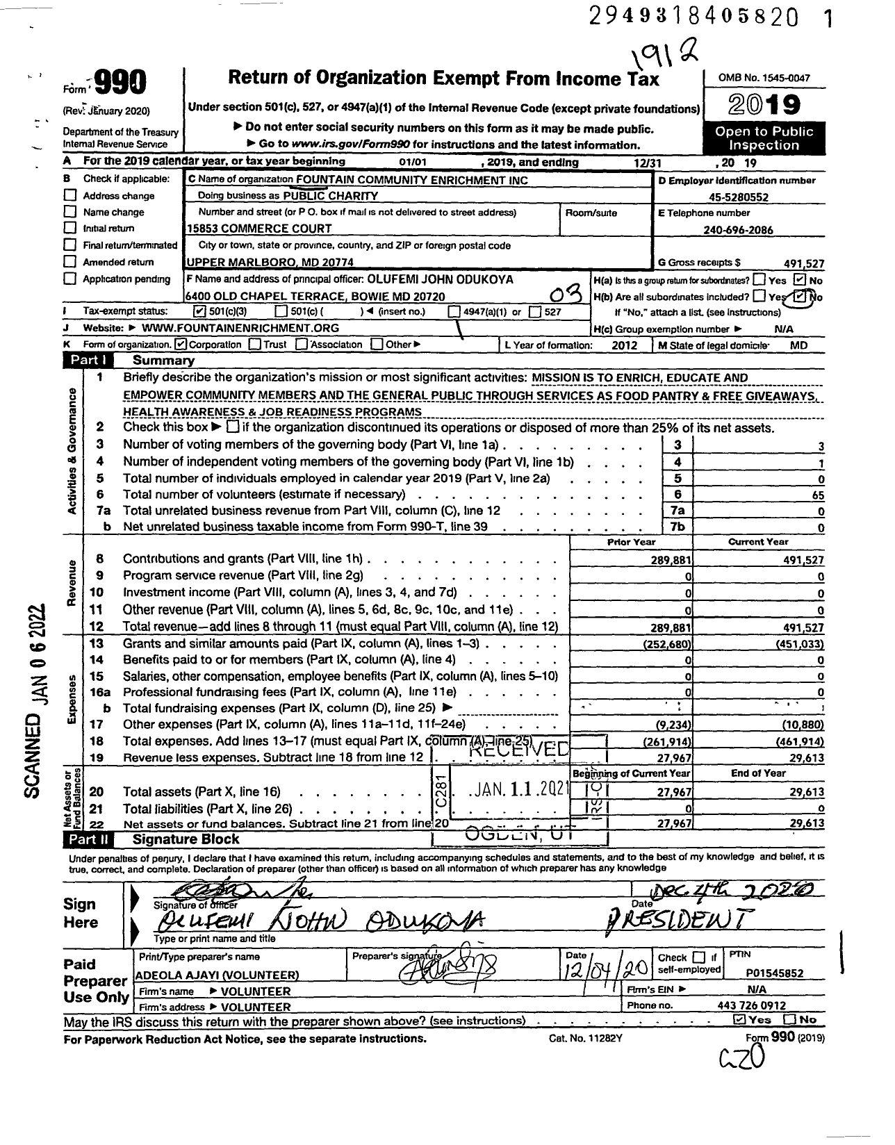 Image of first page of 2019 Form 990 for Fountain Community Enrichment