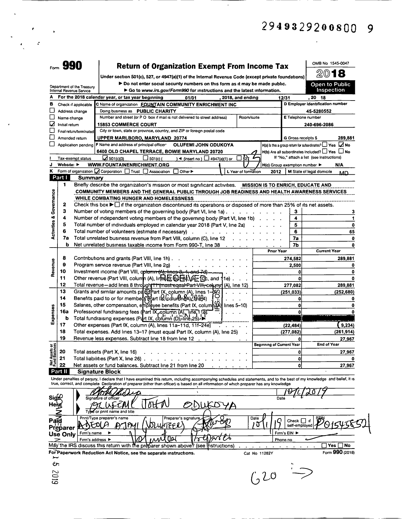 Image of first page of 2018 Form 990 for Fountain Community Enrichment