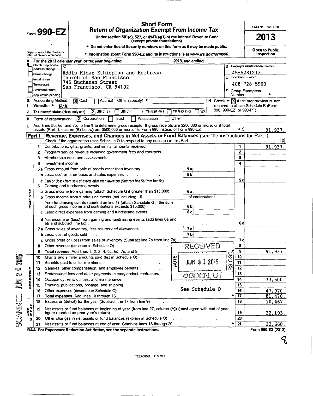 Image of first page of 2013 Form 990EZ for Addis Kidan Ethiopian and Eritrean Church of San Francisco