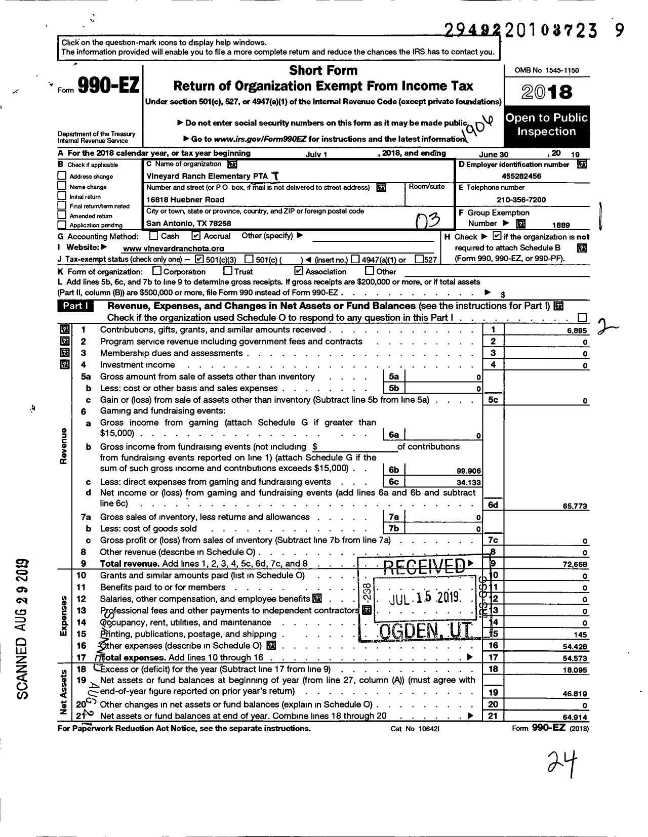 Image of first page of 2018 Form 990EZ for TEXAS PTA - 2248820 Vineyard Ranch Elem PTA