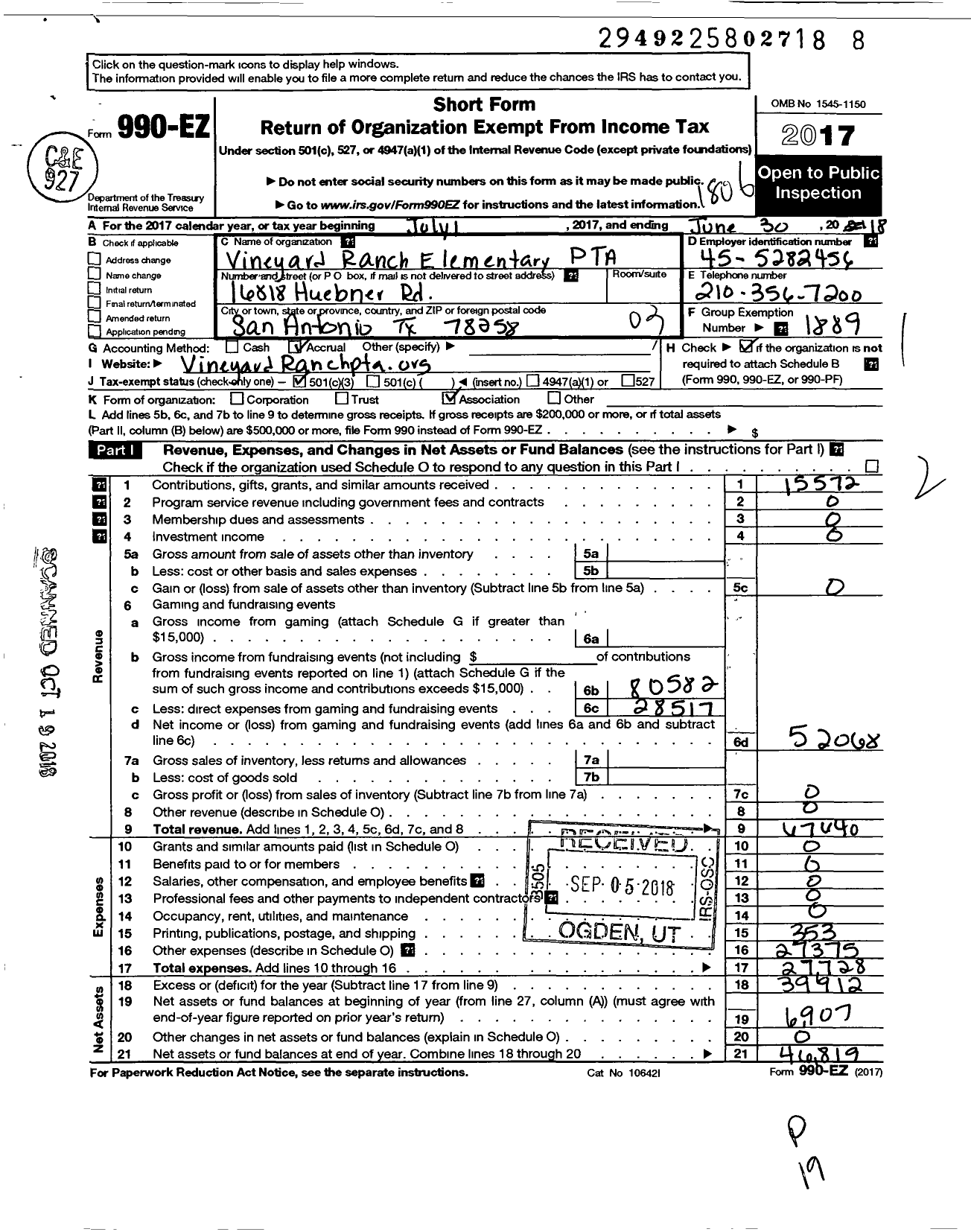 Image of first page of 2017 Form 990EZ for TEXAS PTA - 2248820 Vineyard Ranch Elem PTA