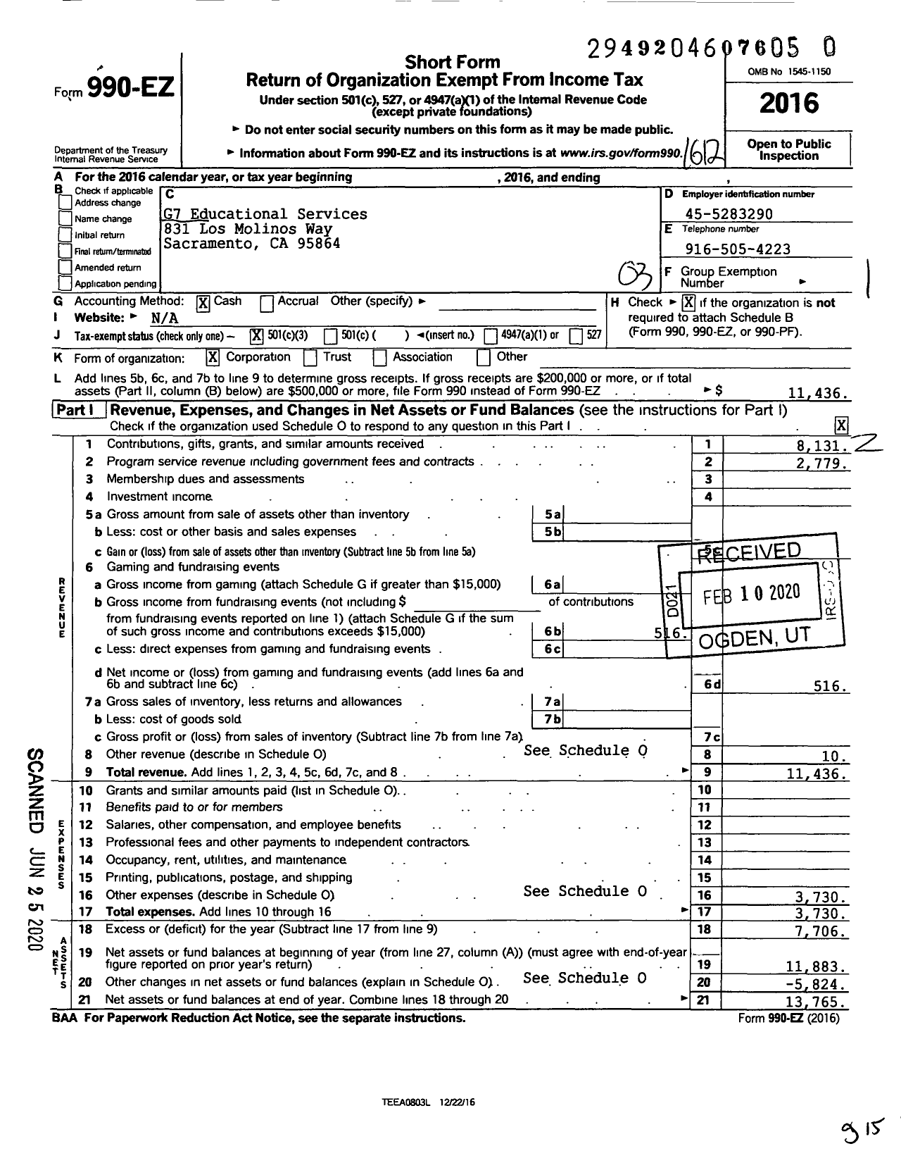 Image of first page of 2016 Form 990EZ for G7 Educational Services