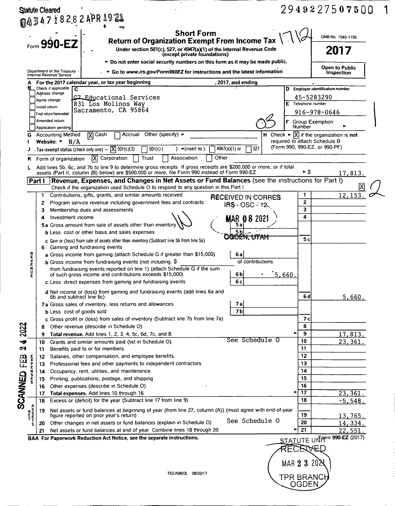 Image of first page of 2017 Form 990EZ for G7 Educational Services