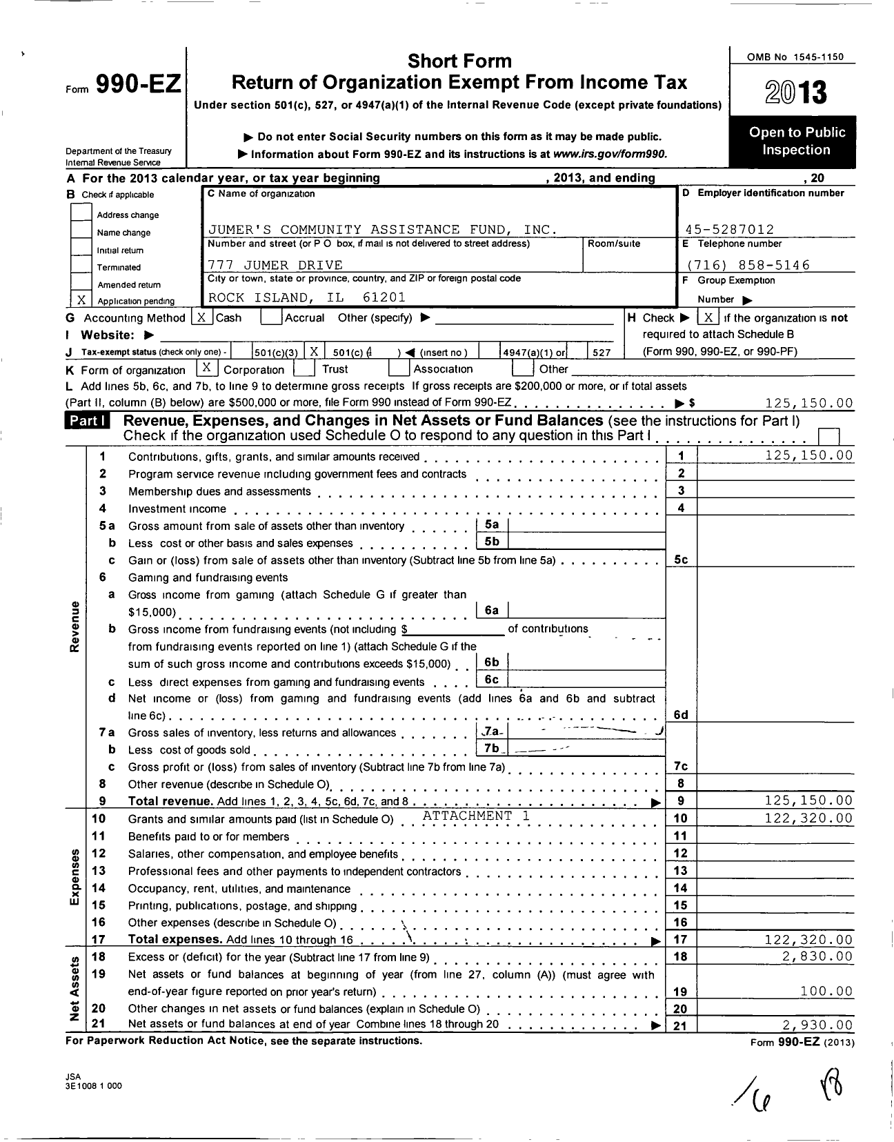 Image of first page of 2013 Form 990EZ for Jumers Community Assistance Fund