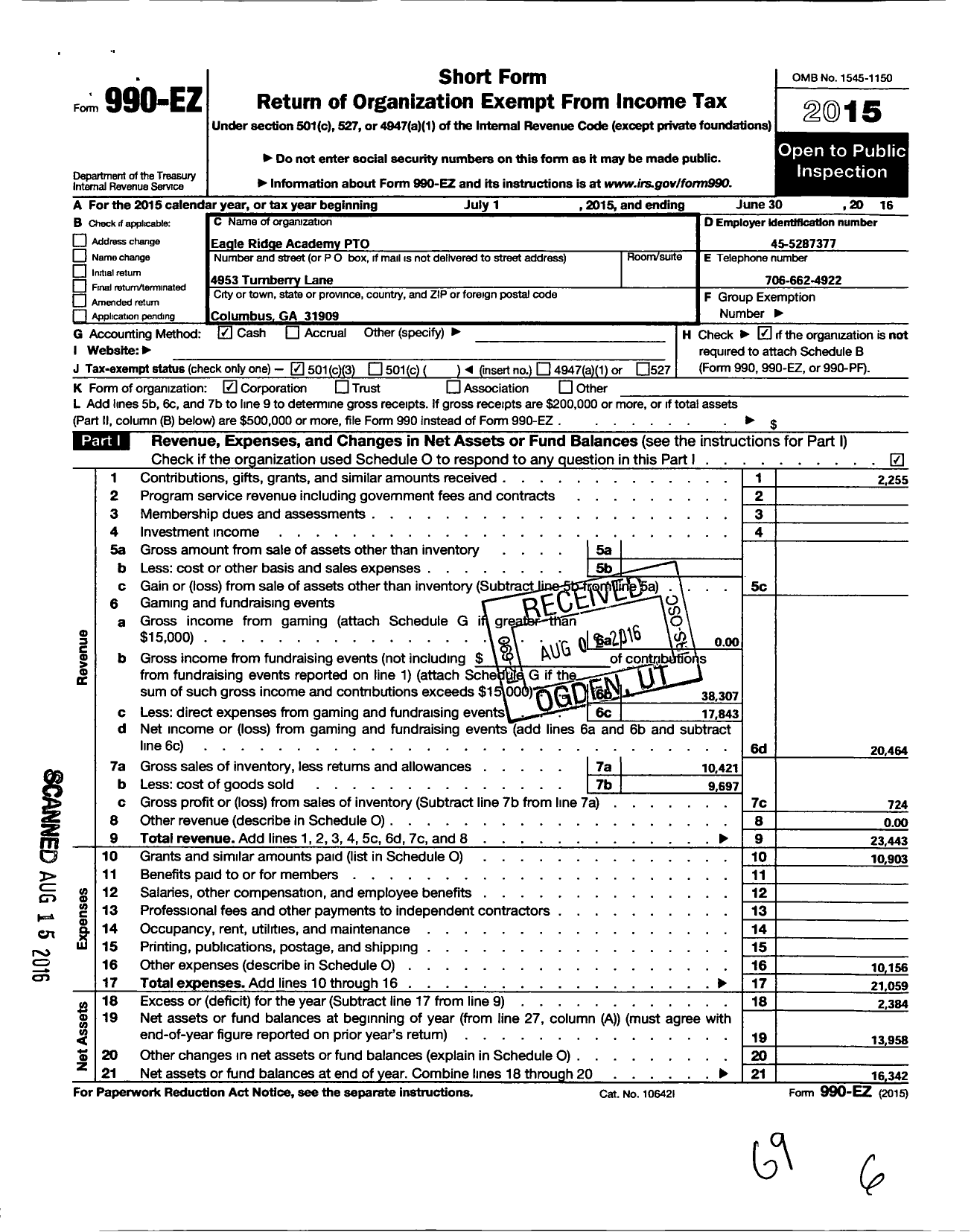Image of first page of 2015 Form 990EZ for Eagle Ridge Academy Pto