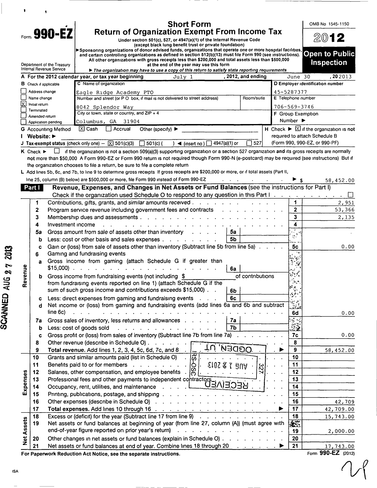 Image of first page of 2012 Form 990EZ for Eagle Ridge Academy Pto