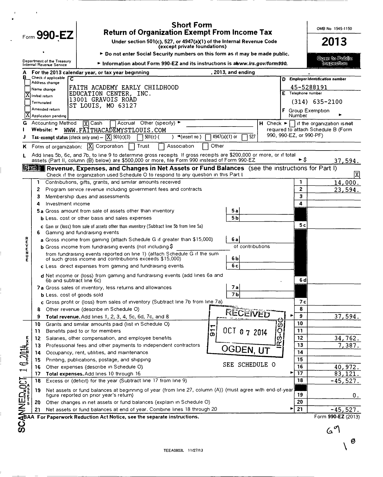 Image of first page of 2013 Form 990EZ for Faith Academy Early Childhood Education Center