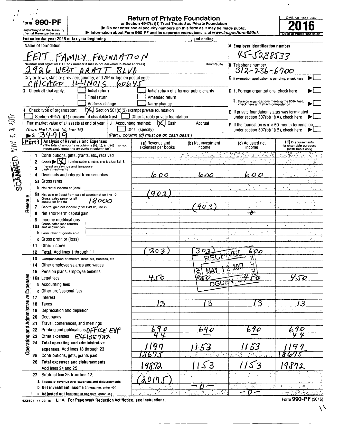 Image of first page of 2016 Form 990PF for National Society Daughters of the Union 1861-1865 / Iron Brigade Chapter