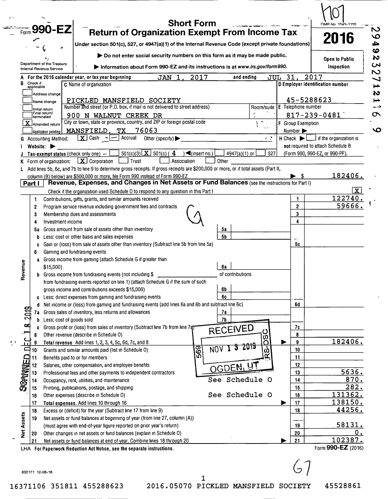 Image of first page of 2016 Form 990EO for Pickled Mansfield Society