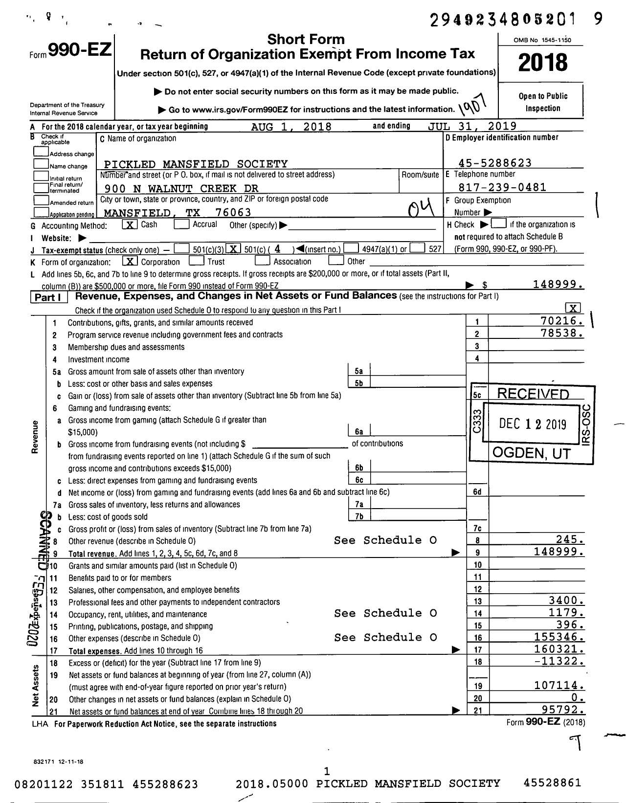 Image of first page of 2018 Form 990EO for Pickled Mansfield Society