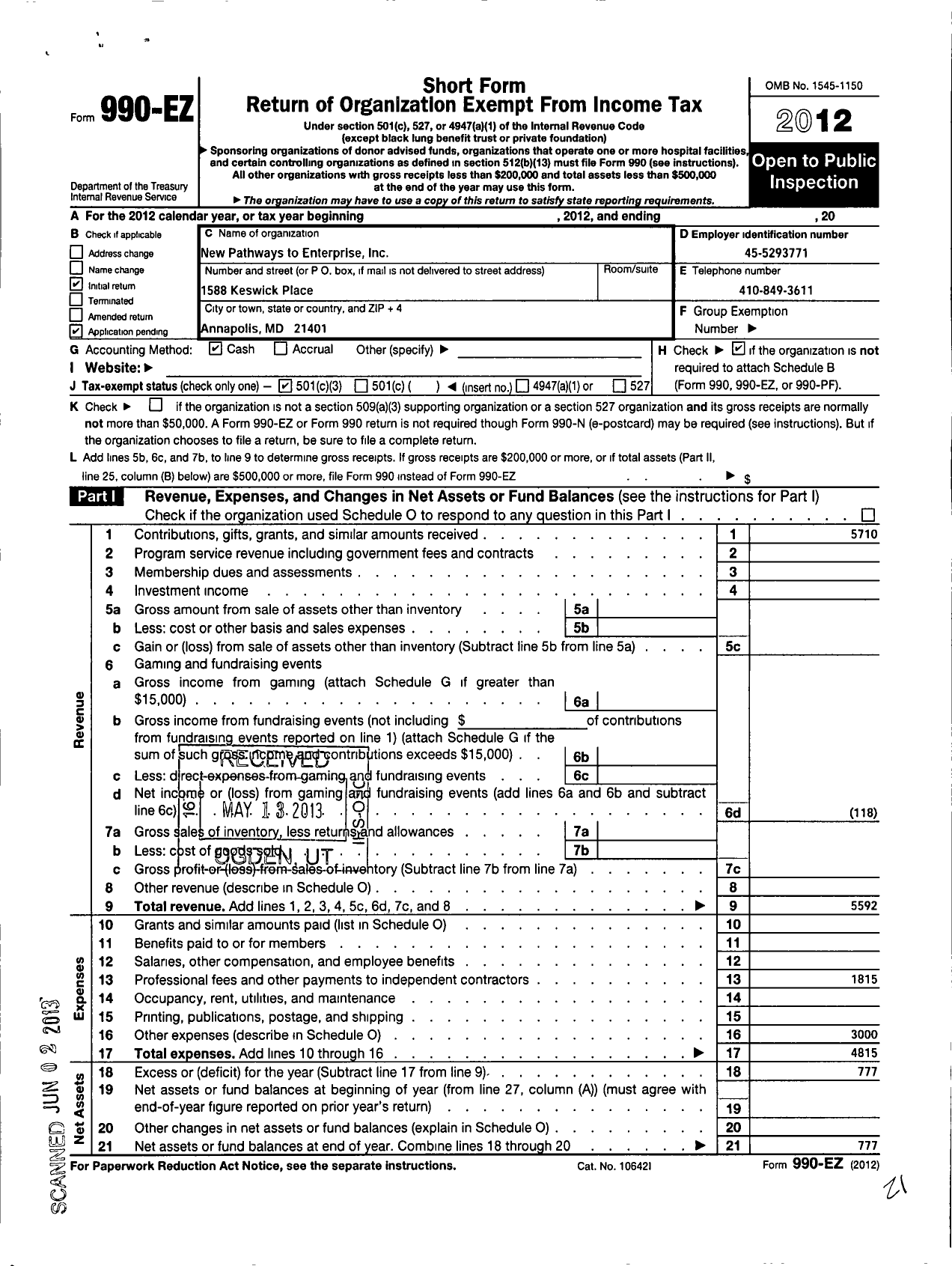 Image of first page of 2012 Form 990EZ for New Pathways To Enterprise