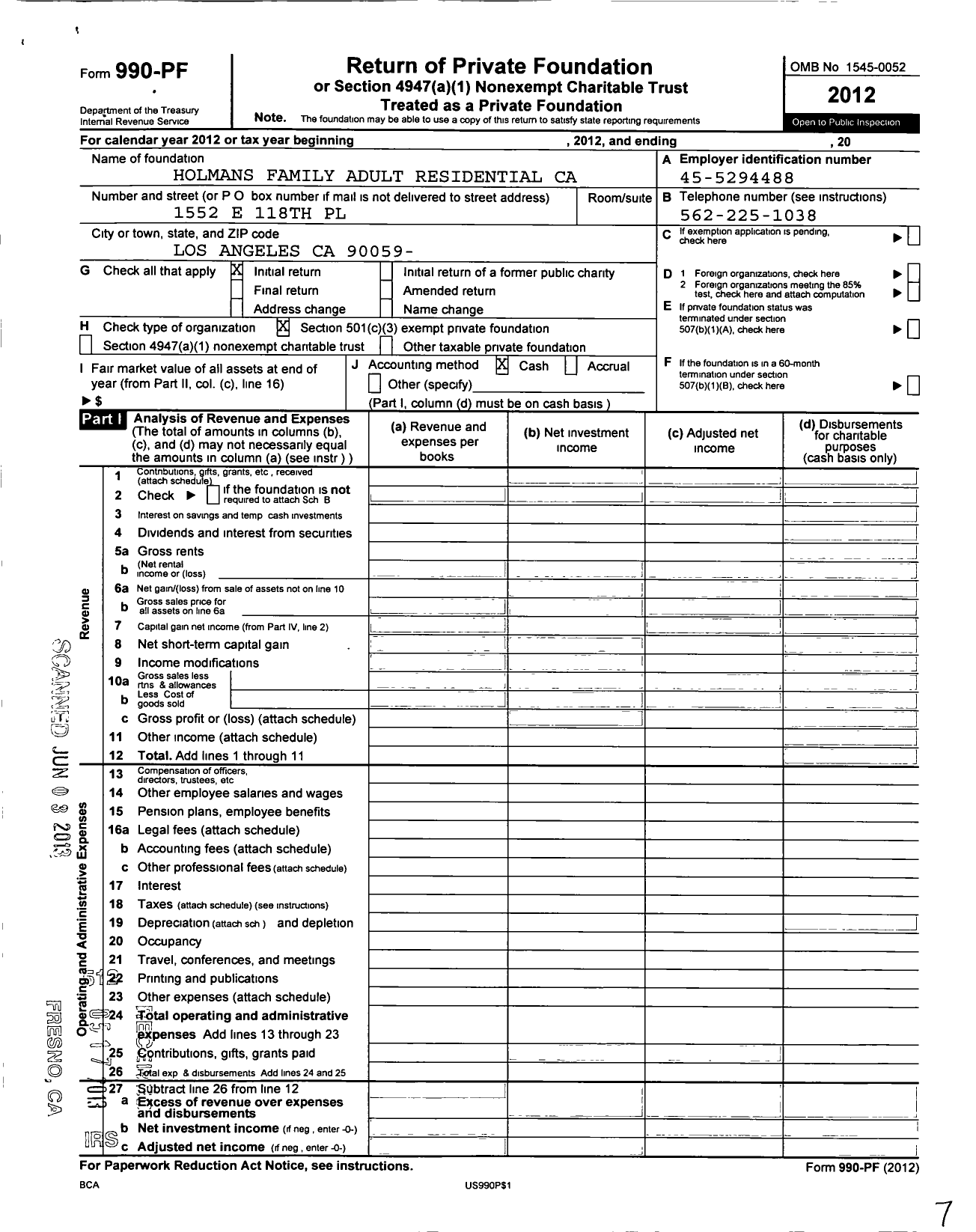 Image of first page of 2012 Form 990PF for Holmans Family Adult Residential Care