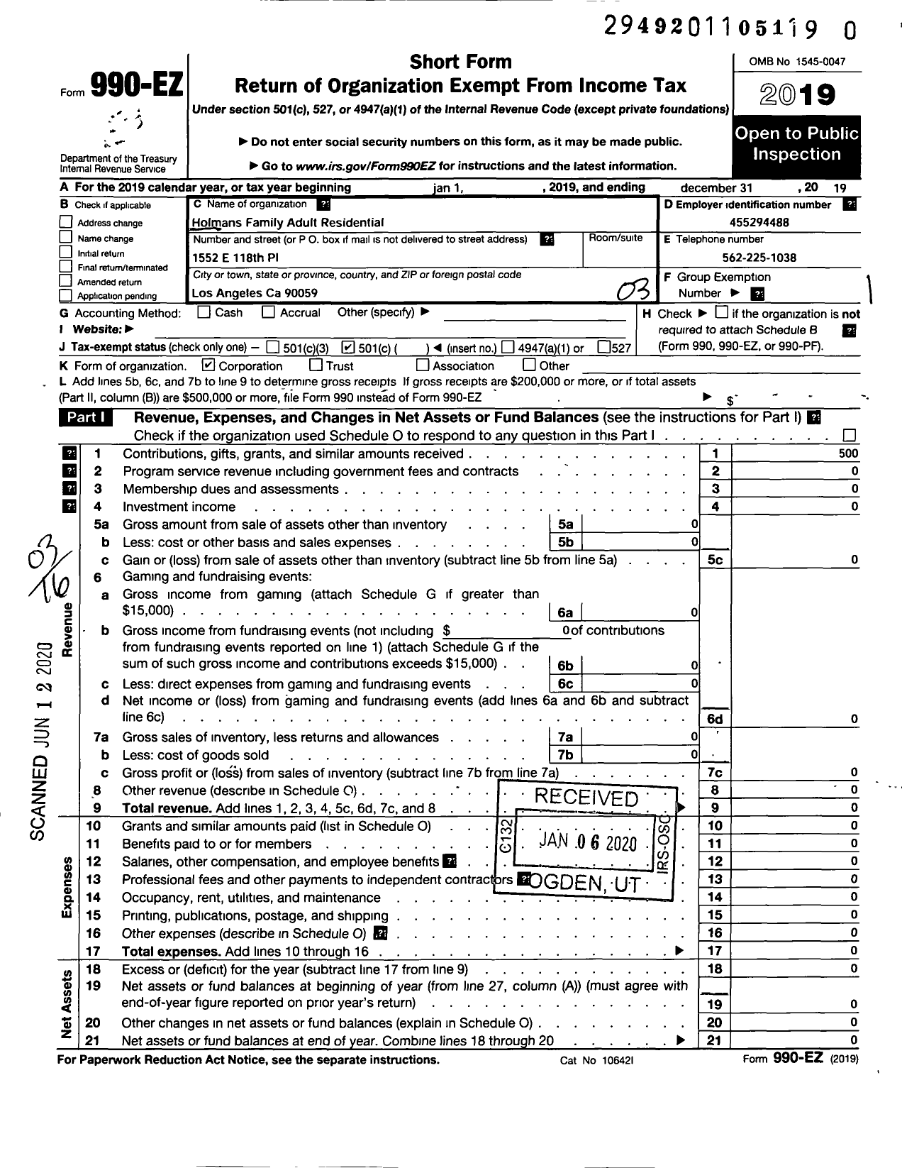 Image of first page of 2019 Form 990EZ for Holmans Family Adult Residential Care