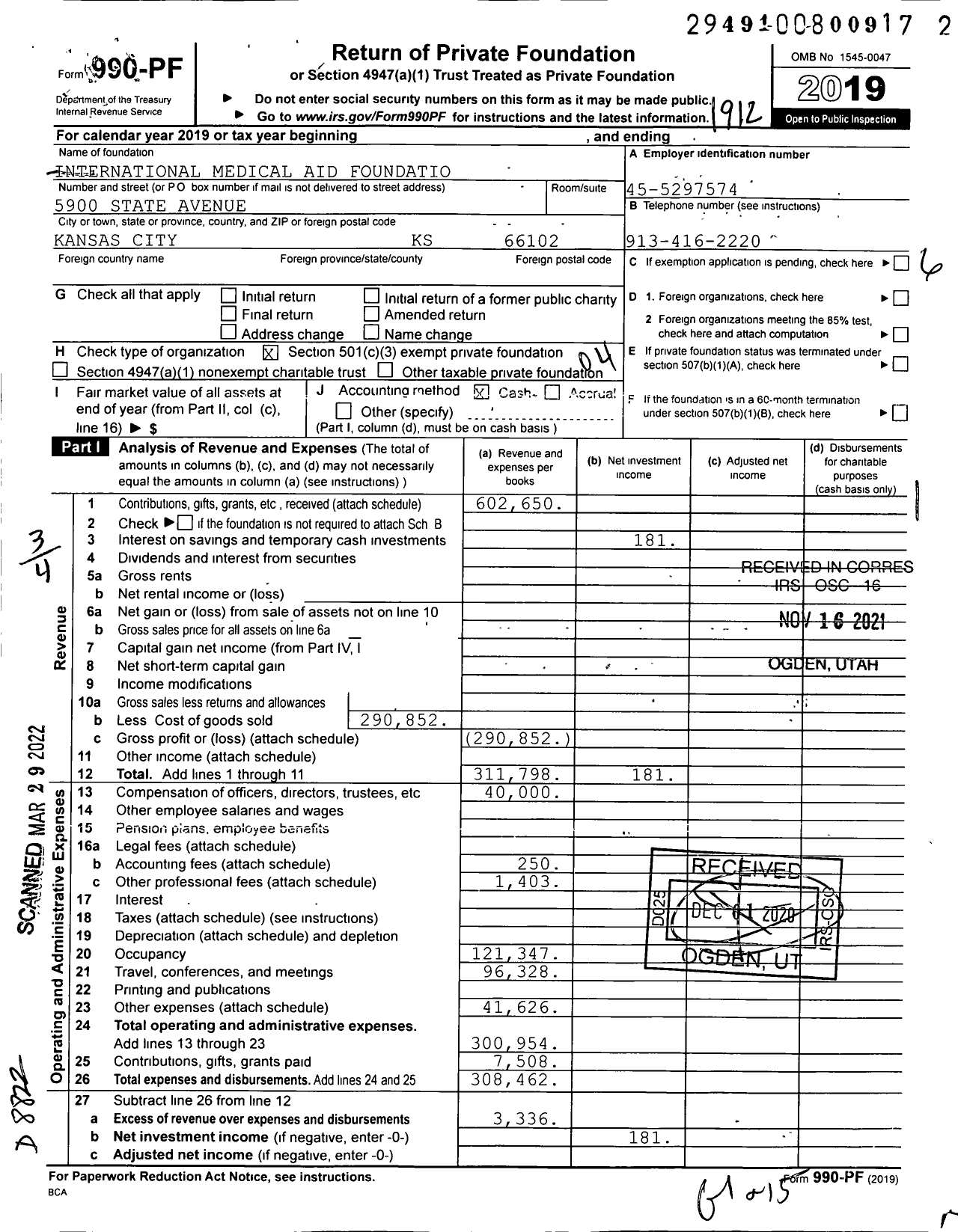 Image of first page of 2019 Form 990PF for International Medical Aid Foundation