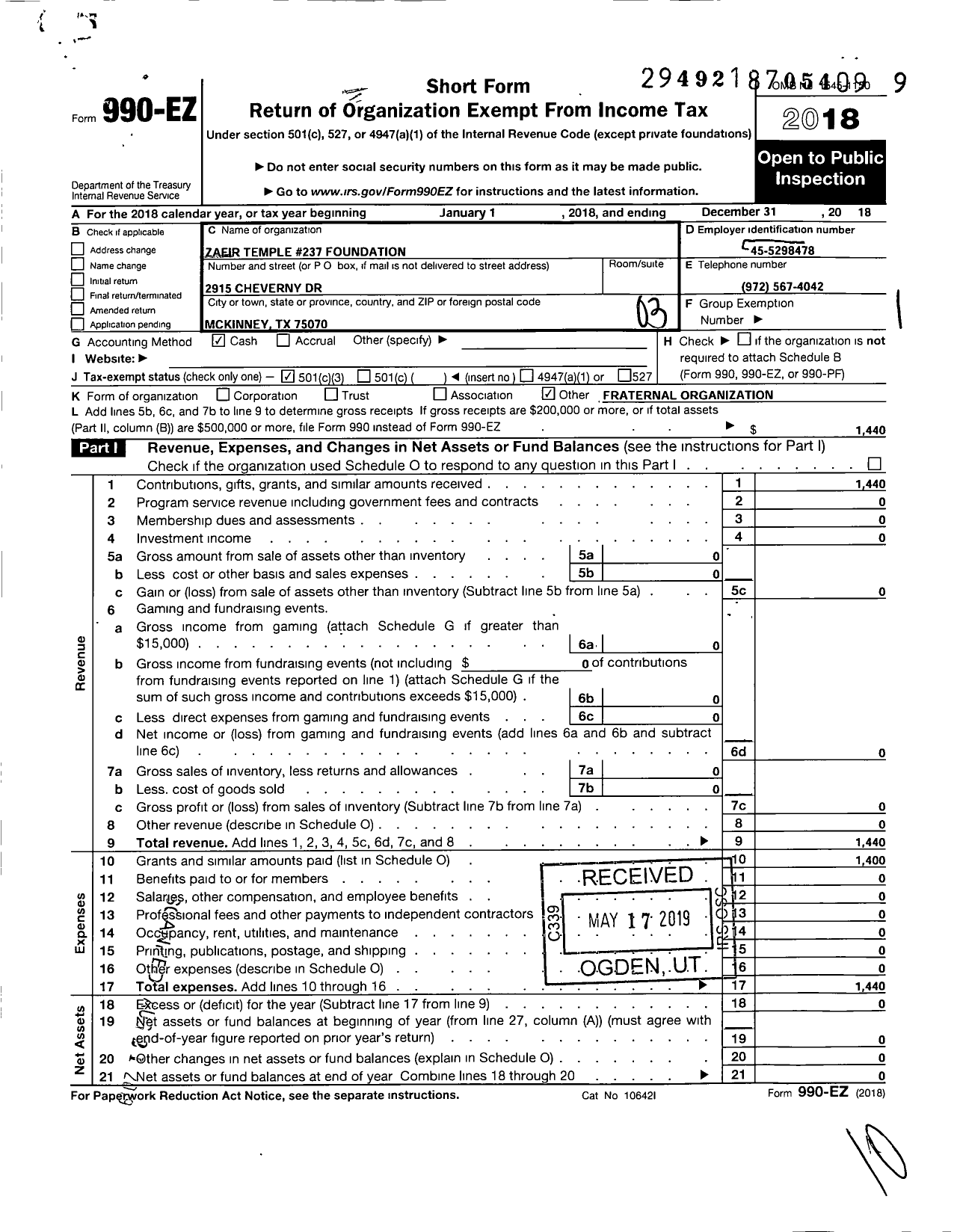 Image of first page of 2018 Form 990EZ for Zafir Temple 237 Foundation