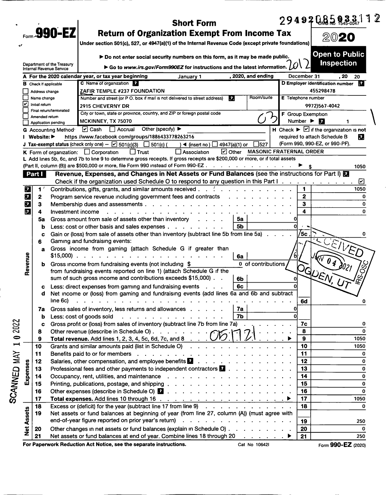 Image of first page of 2020 Form 990EZ for Zafir Temple 237 Foundation