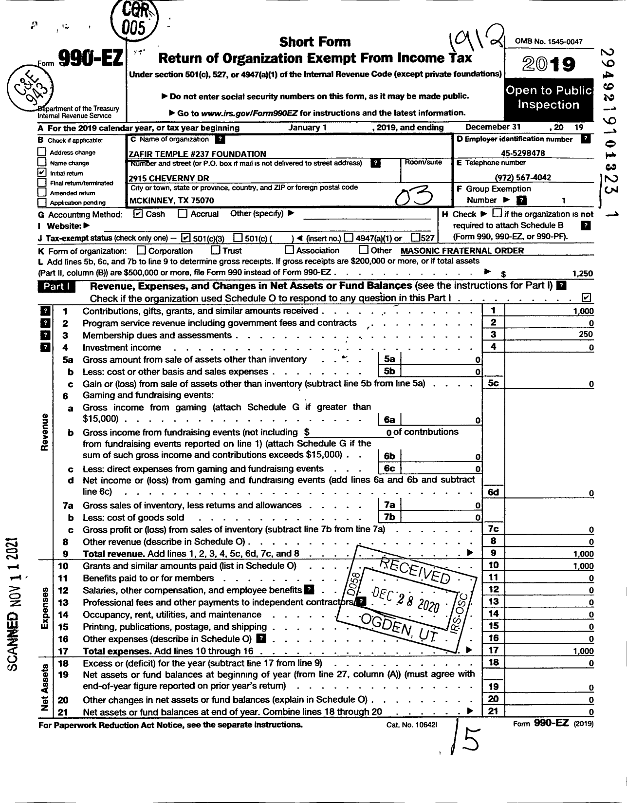 Image of first page of 2019 Form 990EZ for Zafir Temple 237 Foundation