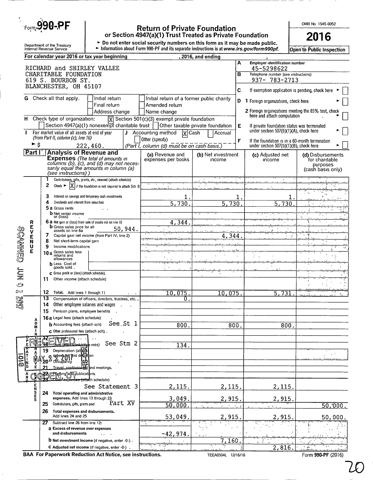 Image of first page of 2016 Form 990PF for Richard and Shirley Vallee Charitable Foundation