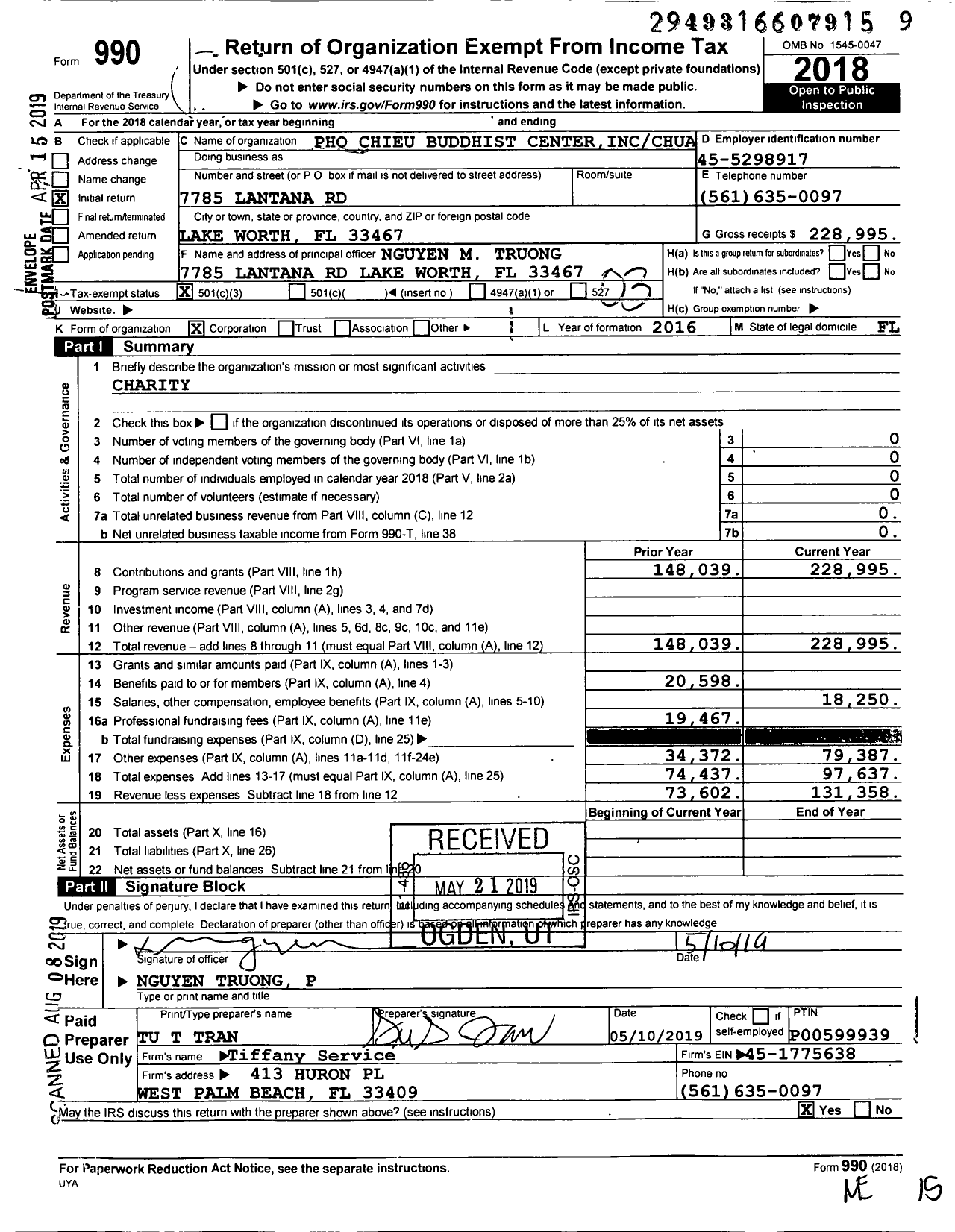 Image of first page of 2018 Form 990 for Pho Chieu Buddhist Center