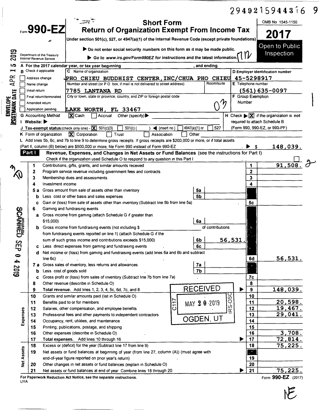 Image of first page of 2017 Form 990EZ for Pho Chieu Buddhist Center