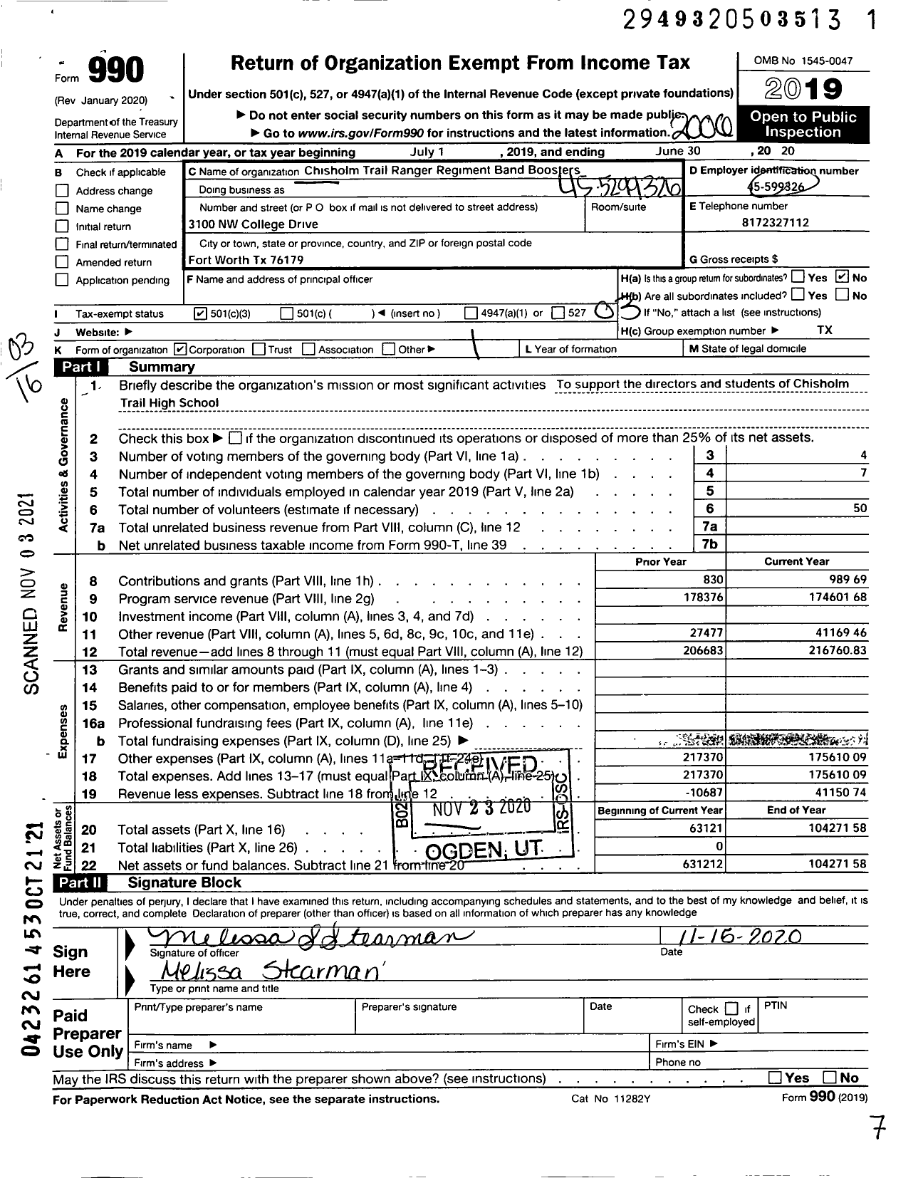 Image of first page of 2019 Form 990 for Chisholm Trail Ranger Regiment Band