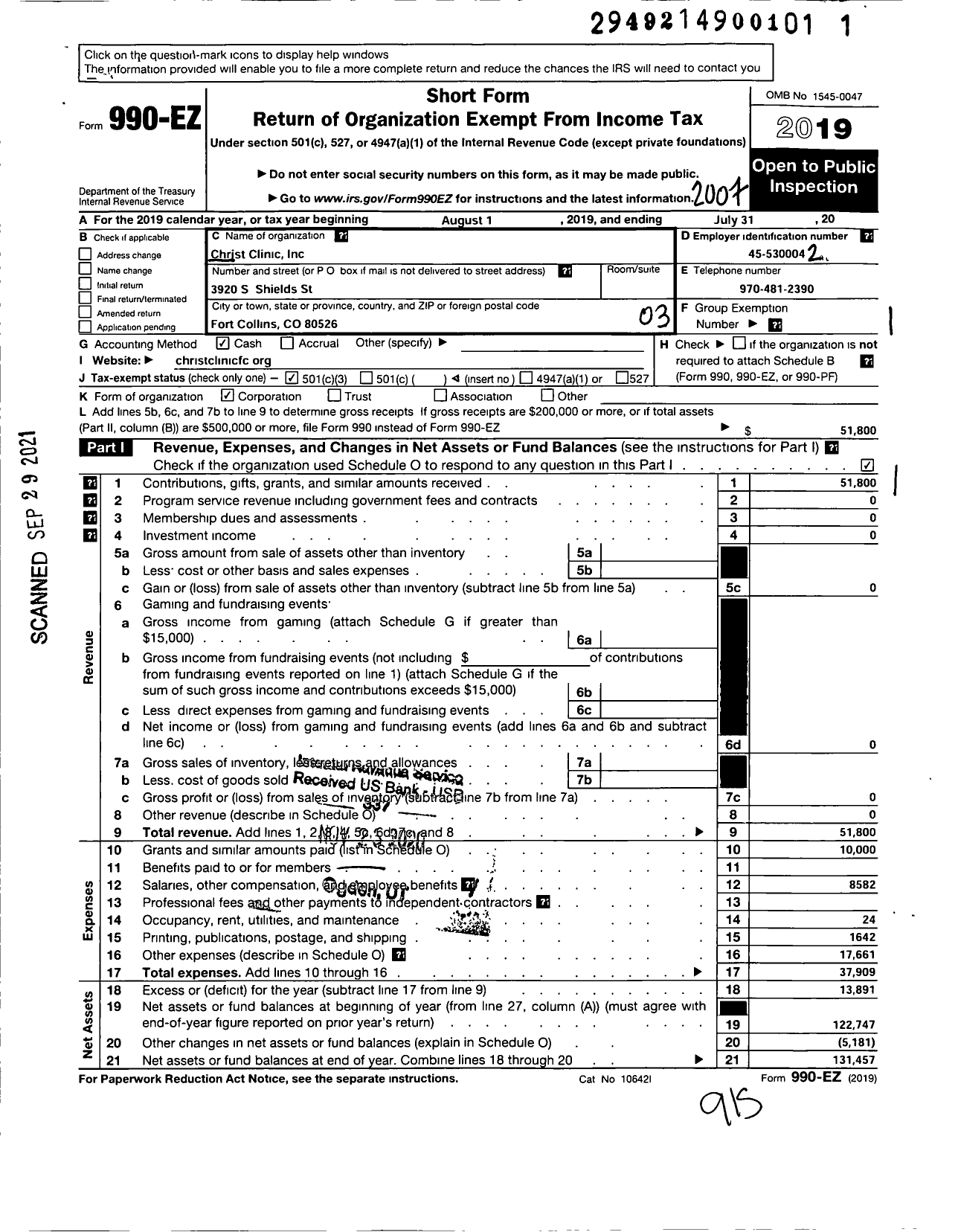 Image of first page of 2019 Form 990EZ for Christ Clinic