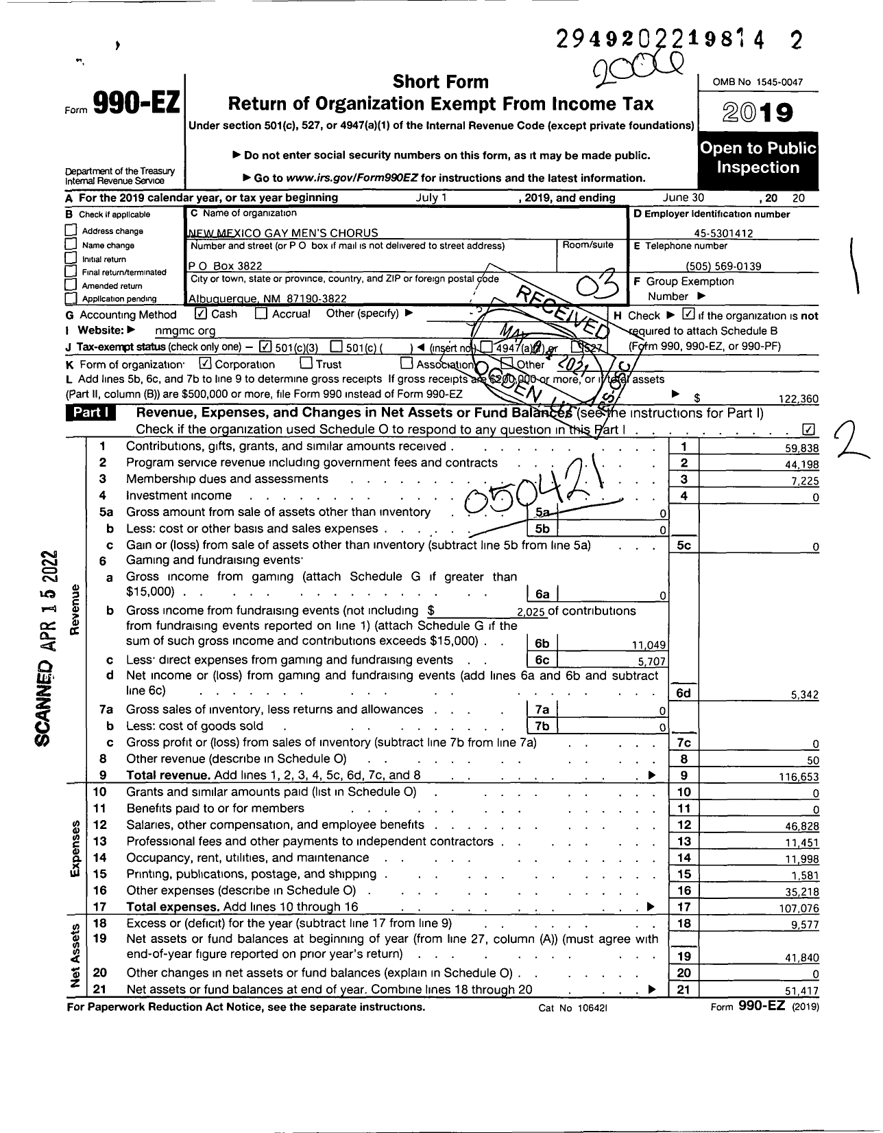 Image of first page of 2019 Form 990EZ for New Mexico Gay Men's Chorus