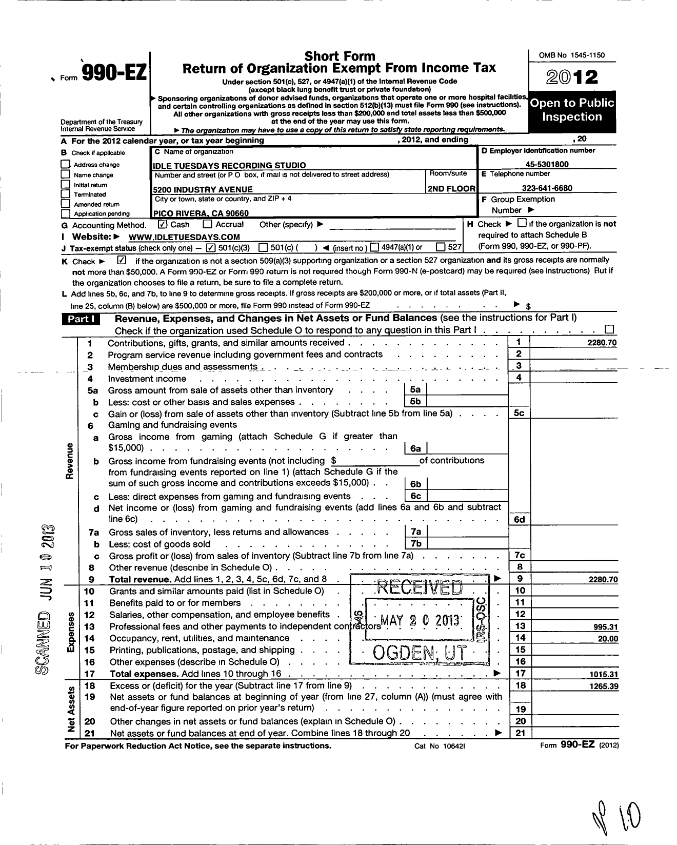 Image of first page of 2012 Form 990EZ for Idle Tuesdays Recording Studio