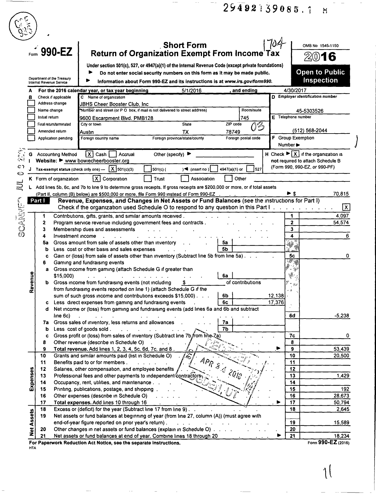 Image of first page of 2016 Form 990EZ for JBHS Cheer Booster Club