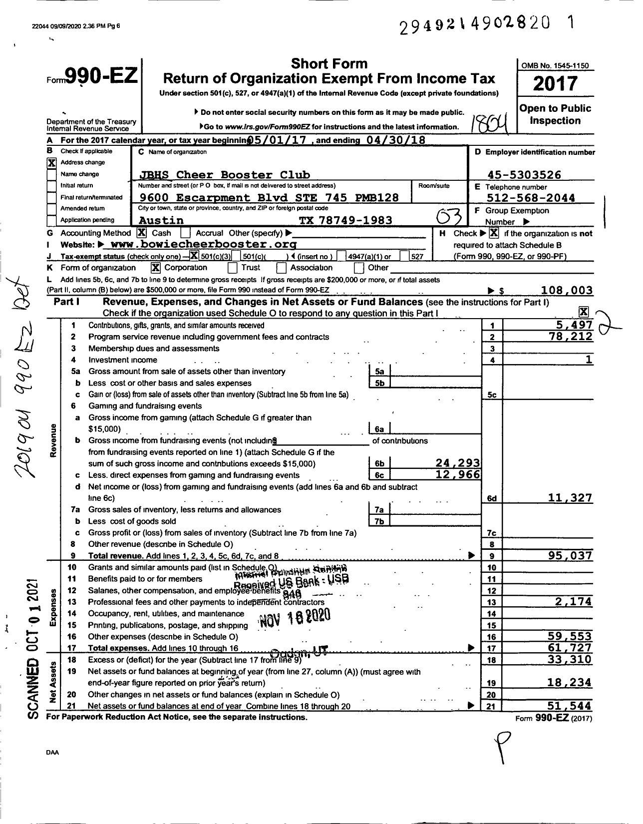 Image of first page of 2017 Form 990EZ for JBHS Cheer Booster Club