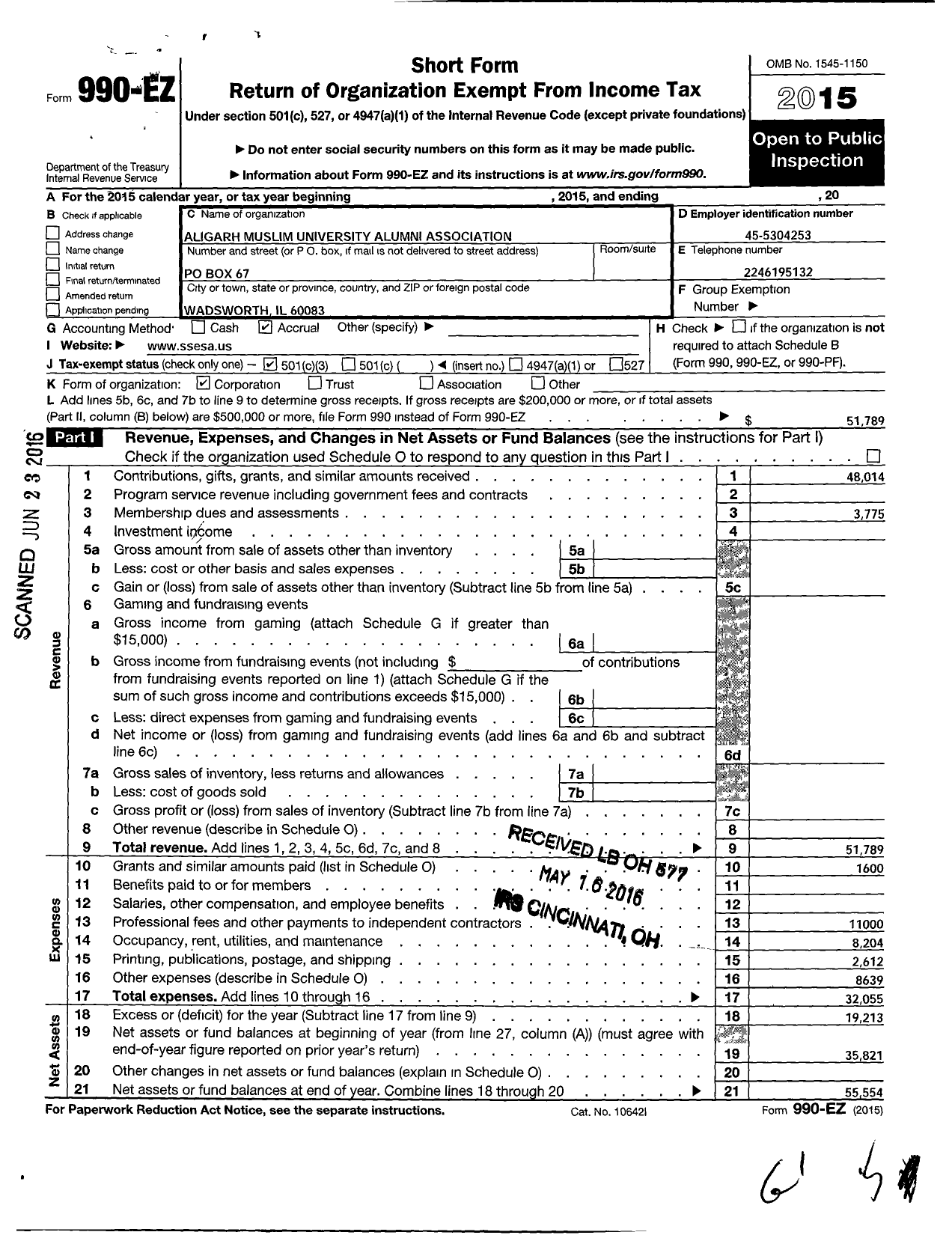 Image of first page of 2015 Form 990EZ for Sir Syed Education Society of North America