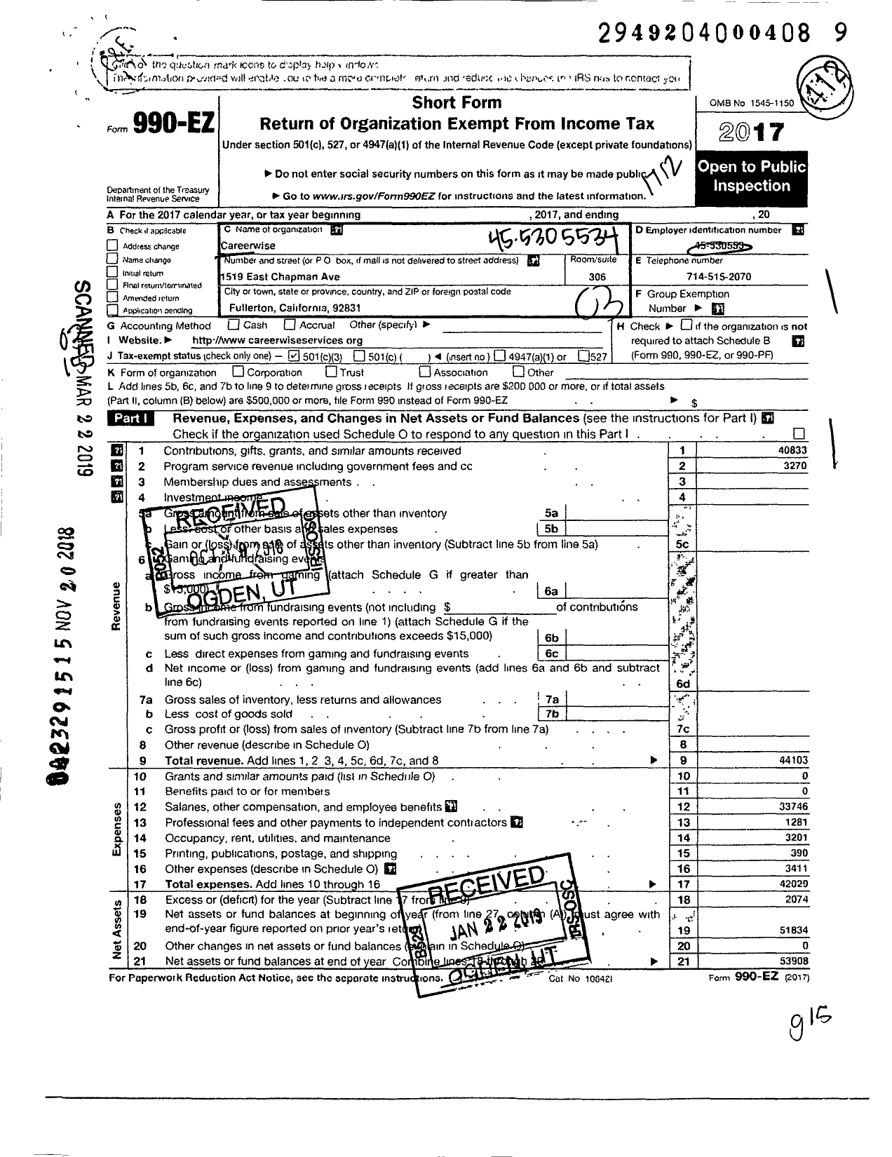 Image of first page of 2017 Form 990EZ for Careerwise