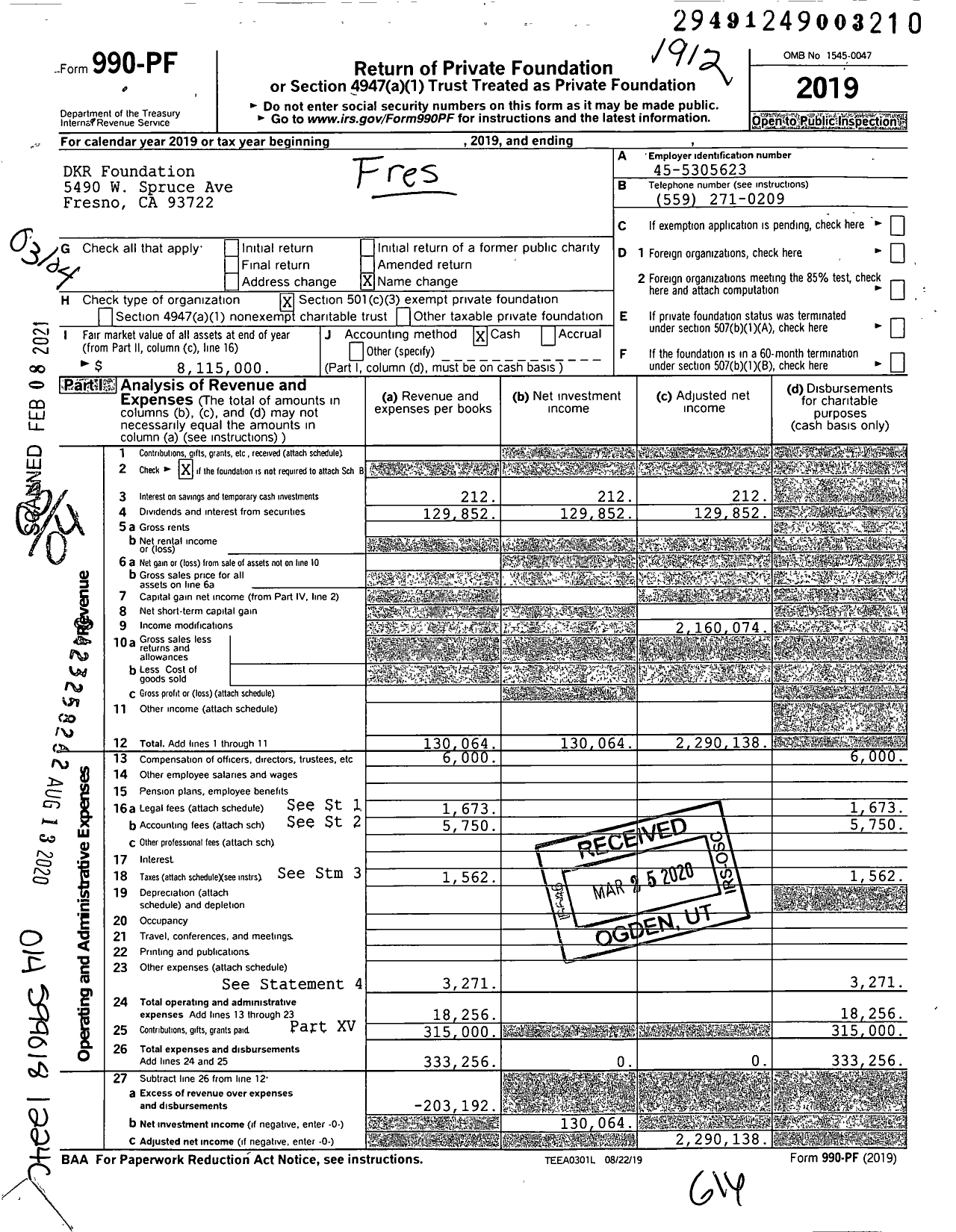 Image of first page of 2019 Form 990PF for DKR Foundation