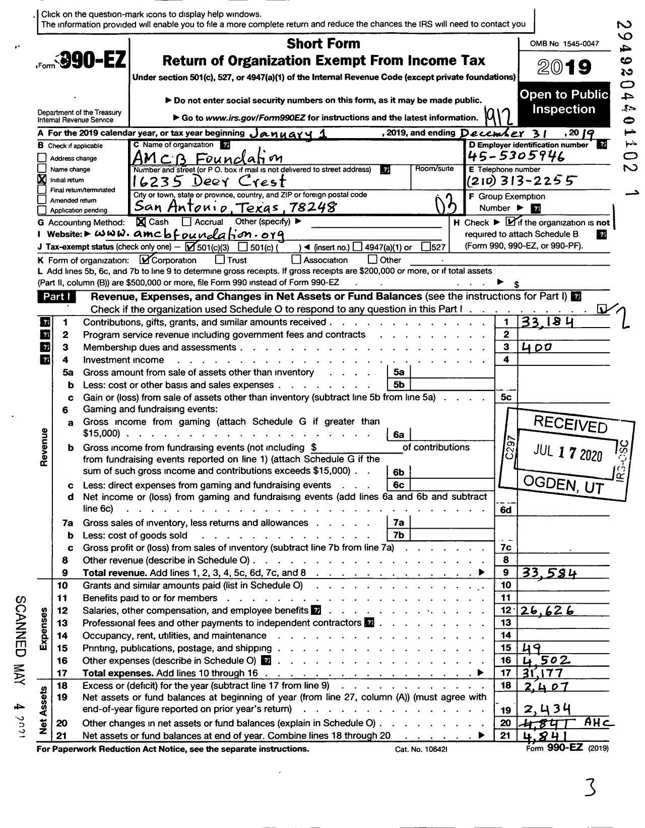 Image of first page of 2019 Form 990EZ for Amcb Foundation