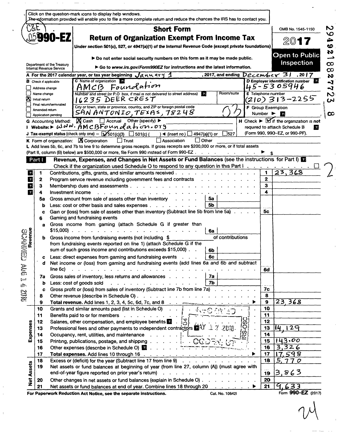 Image of first page of 2017 Form 990EZ for Amcb Foundation