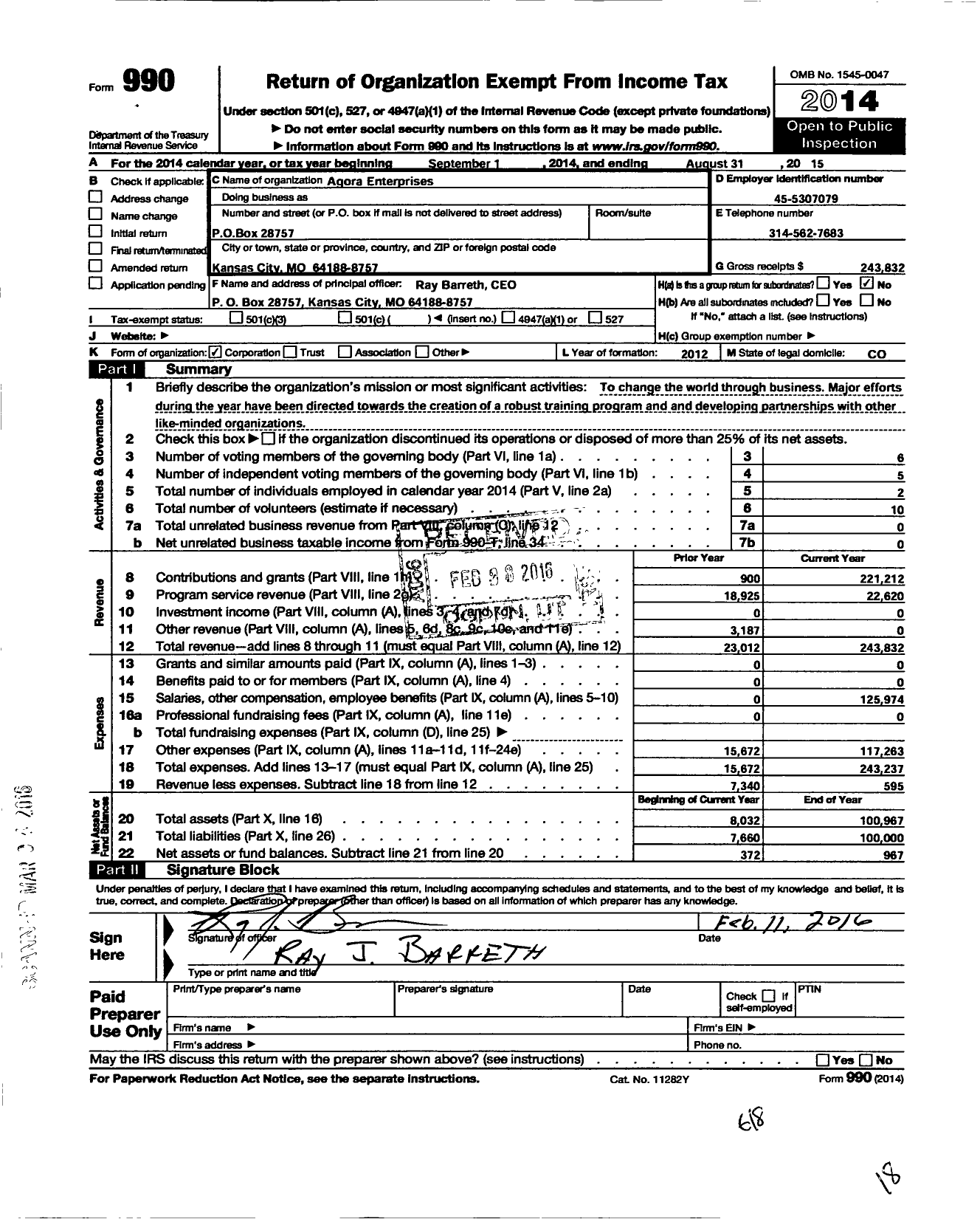 Image of first page of 2014 Form 990O for Agora Enterprises