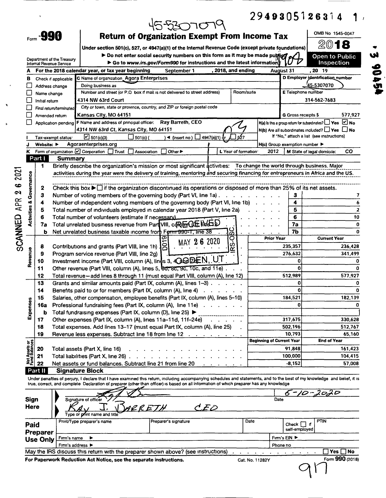 Image of first page of 2018 Form 990 for Agora Enterprises