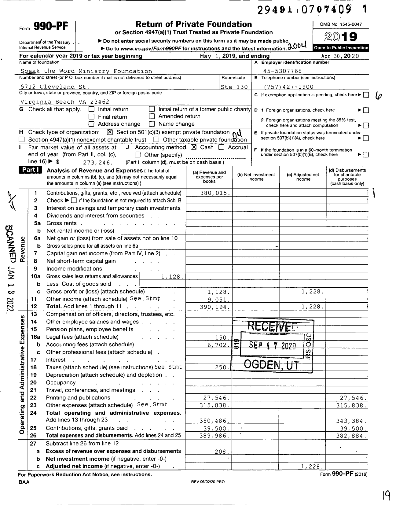 Image of first page of 2019 Form 990PF for Speak the Word Ministry Foundation