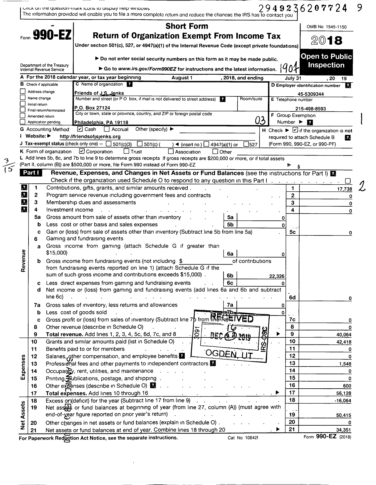 Image of first page of 2018 Form 990EZ for Friends of J S Jenks