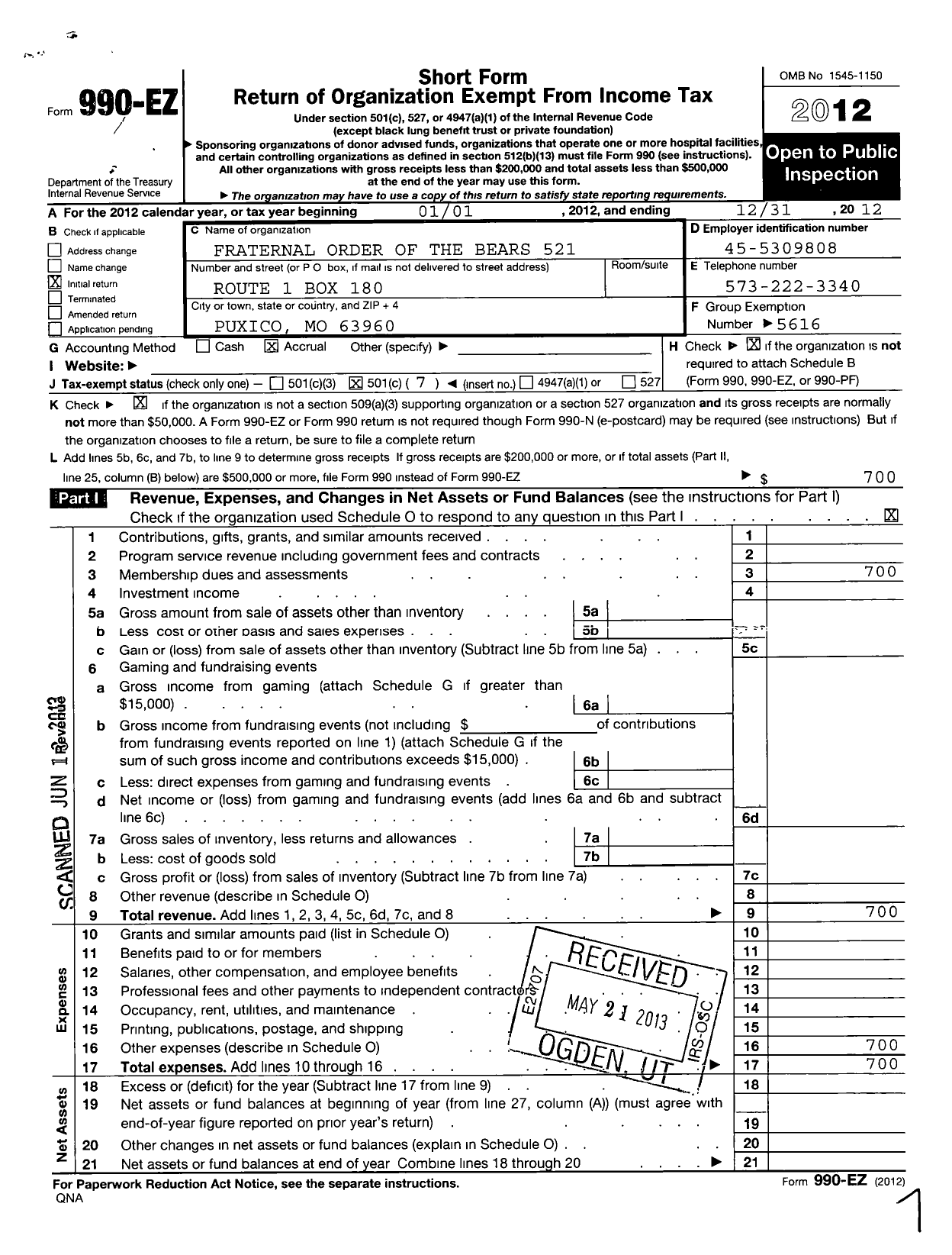 Image of first page of 2012 Form 990EO for Fraternal Order of the Bears - 521 Fraternal Order of the Bears