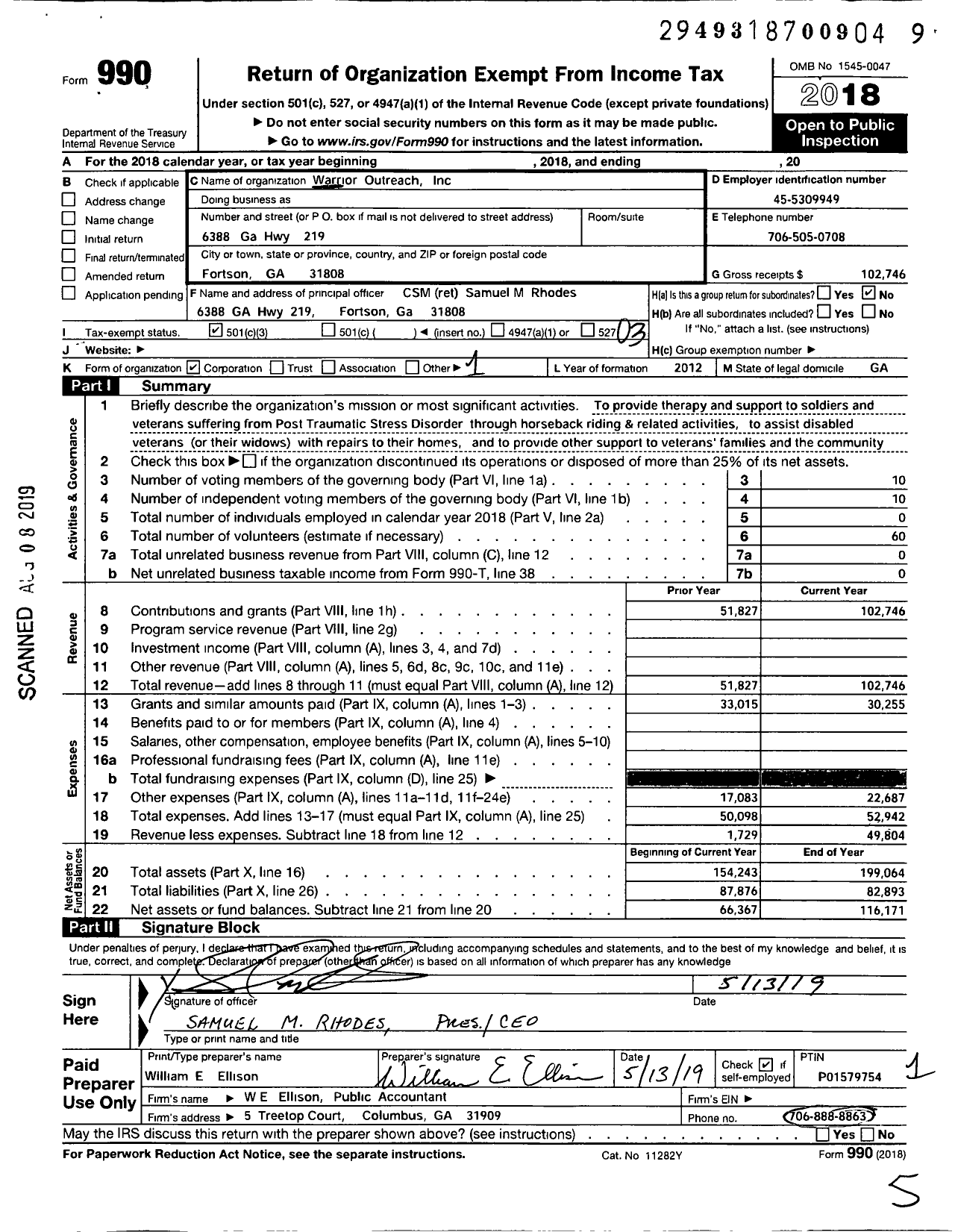 Image of first page of 2018 Form 990 for Warrior Outreach