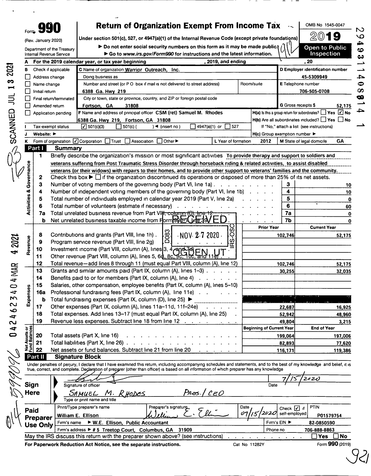 Image of first page of 2019 Form 990 for Warrior Outreach