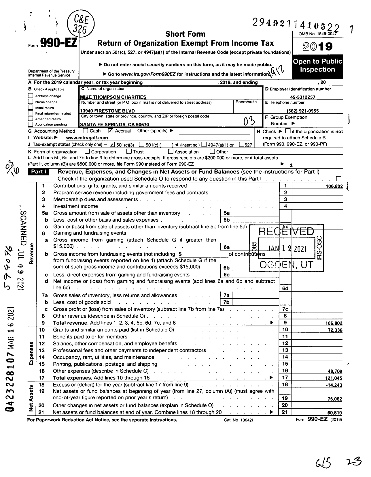 Image of first page of 2019 Form 990EZ for Mike Thompson Charities